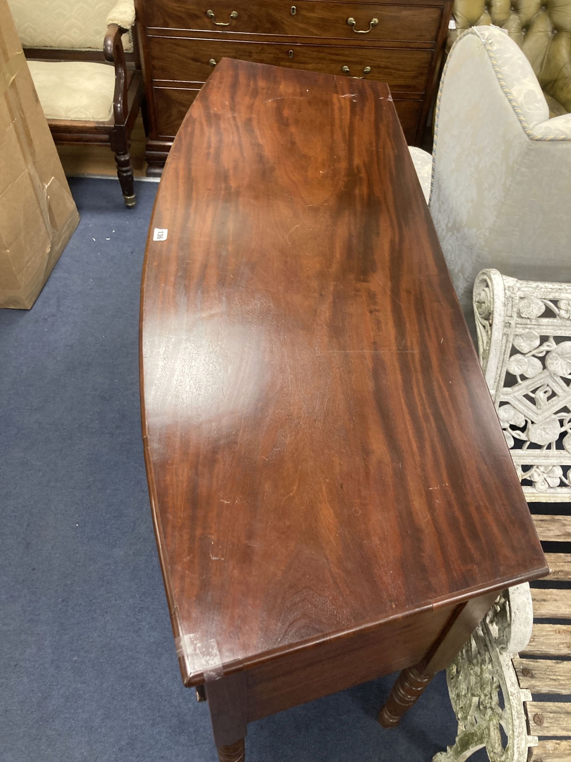 A Regency mahogany bowfront sideboard, width 145cm, depth 51cm, height 82cm